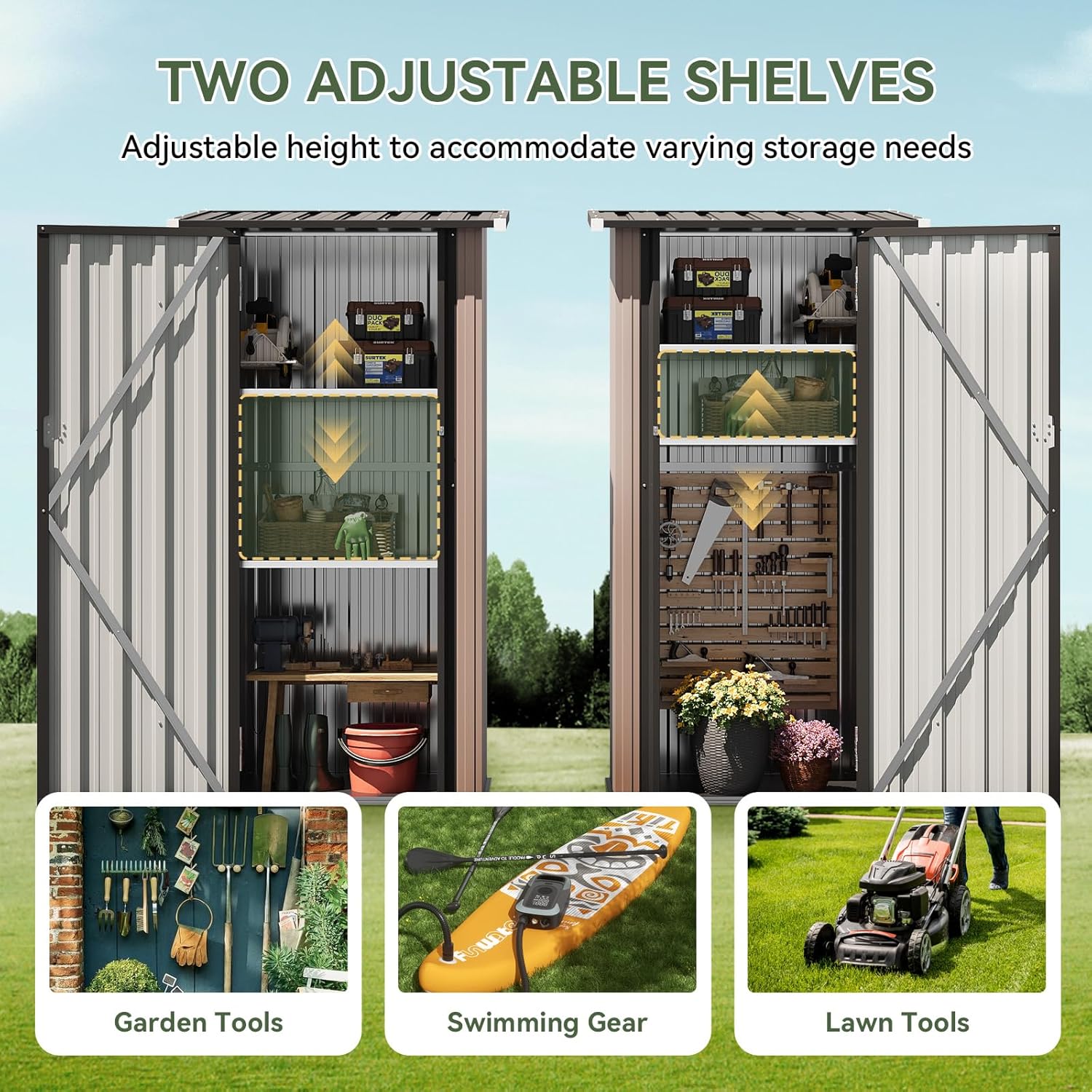 Aoxun Outdoor Storage Shed with Floor, Vertical Storage Cabinet with 2 Adjustable Shelves & Lockable Doors, Waterproof Small Tool Shed for Backyard, Garden, Patio, Lawn & Indoor Use, Brown