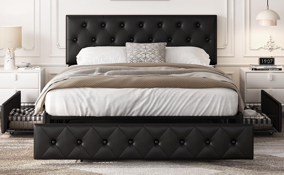 【3 Drawers Storage】Yaheetech Bed Frame with Adjustable Headboard, Upholstered Bed Frame with Diamond Button-Tufted Headboard, Sturdy Wood Slat Support, No Box Spring Needed