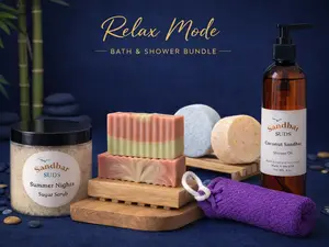 Sandbar SUDS Relax Mode 8-Piece Shower Spa Bundle | Luxury Aromatherapy Set | Includes Premium Bar Soap, Soap Saver, Soap Dish, Whipped Sugar Scrub, 3x Shower Steamers & Shower Oil | Essential Self-Care Gift Box | Made in USA | Phthalate-Free