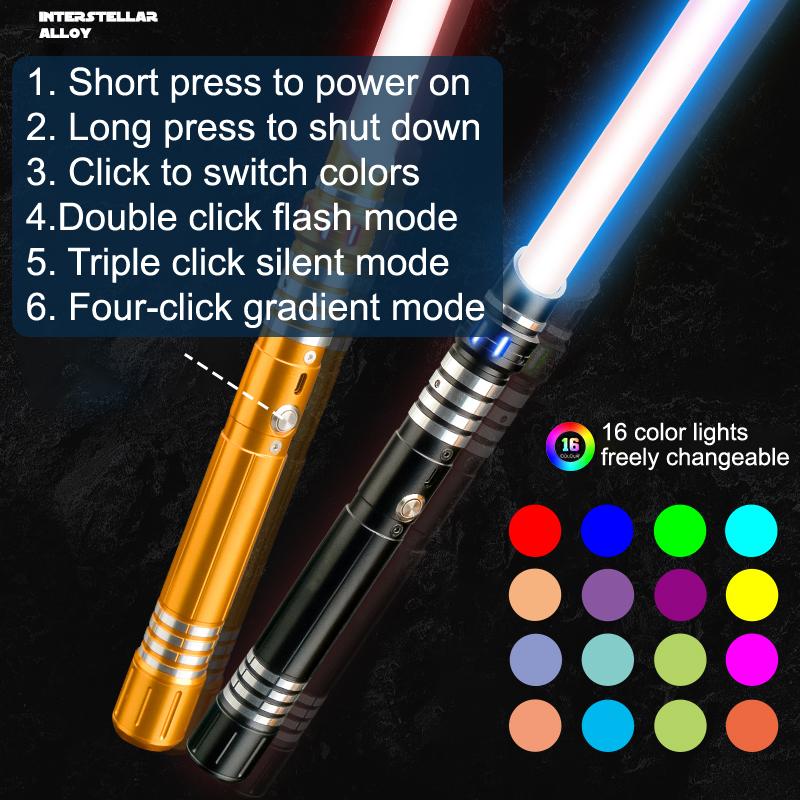 Interstellar Alloy Lightsaber 2-in-1 Connectable Double-Bladed with 16 RGB Colors Gravity Sensing Sound Effects Premium Metal Handle Rechargeable Dueling Toy Sword