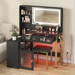 Vanity Desk with Mirror and Lights 42.7" Makeup Vanity Desk with 3 Color Modes 2 RGB Drawers Large Tempered Cabinet Power Outlet Stool Oak Color Adjustable Lighting Ample Storage Built-in Charging Station led  mirror  desk