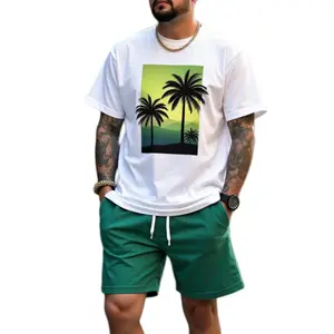 1pc YCJ Men's Tropical Palm Tree & Gradient Green to Yellow Print T-Shirt, Lightweight Breathable Cotton, Loose Round Neck Short Sleeve, for Summer, Beach Vacation, Independence Day, Machine Washable Casual Holiday Apparel
