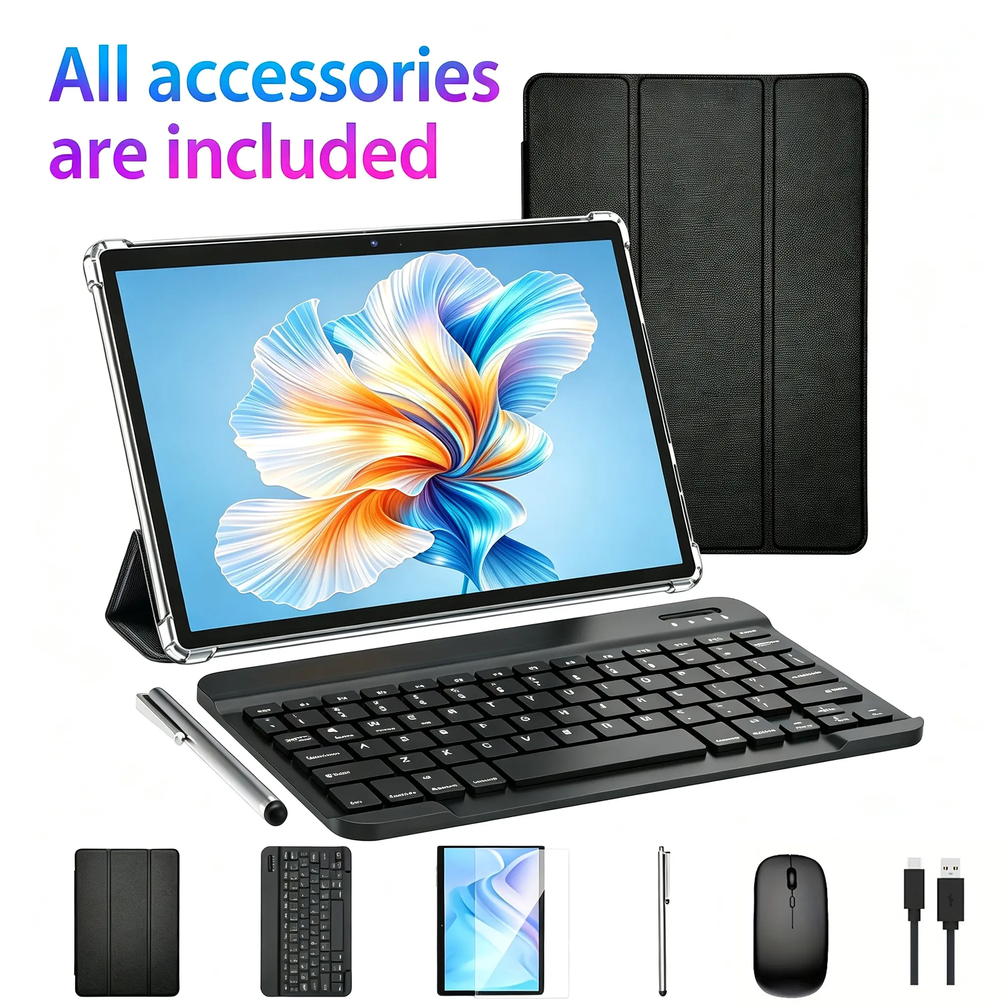 10.1-inch Android tablet, equipped with an accessory kit (keyboard, mouse, protective case, stylus), 4GB RAM + 32GB storage, 5000mAh battery, and supports up to 128GB SD card, suitable for study and work.