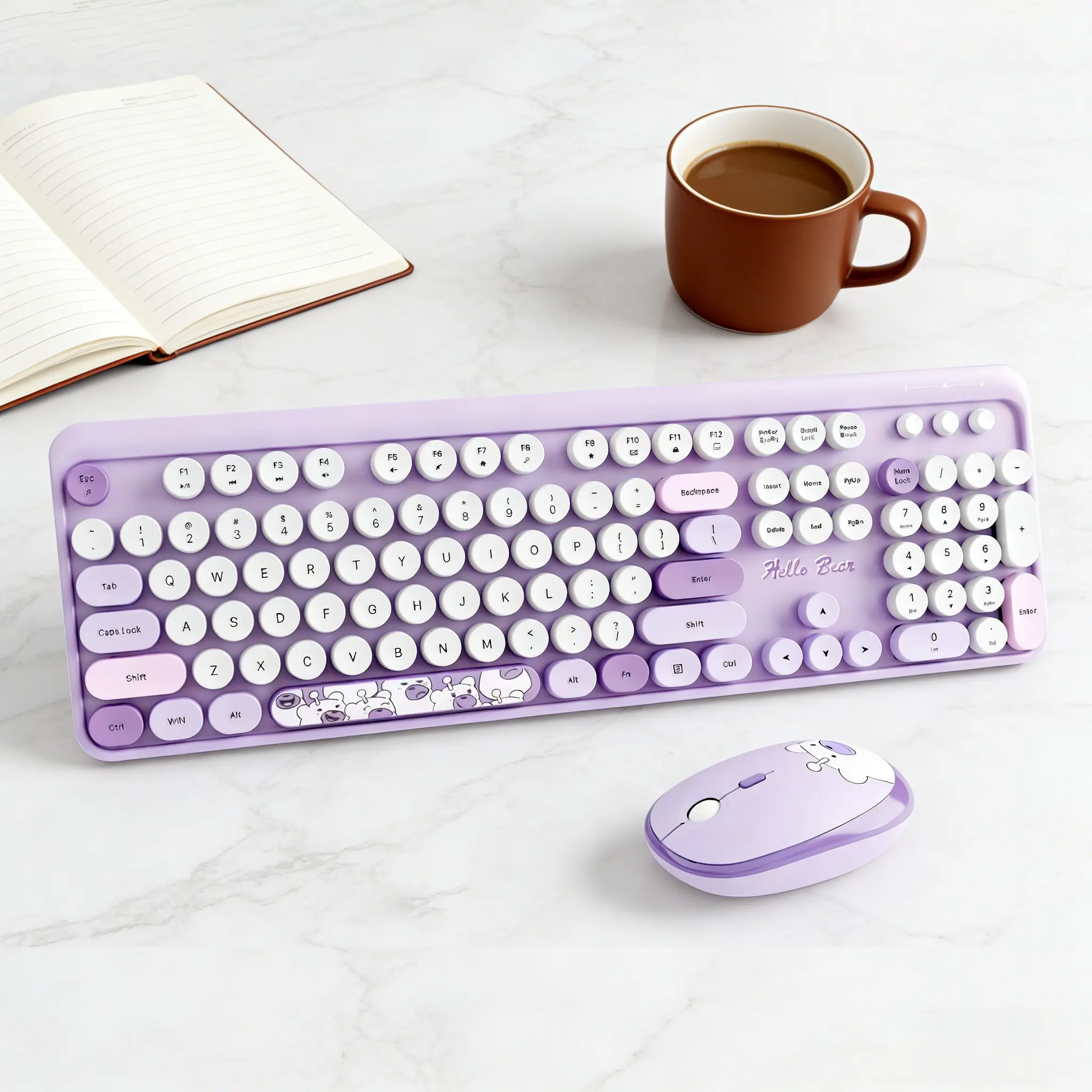 MOFii 1 Set Bear Keyboard and Mouse Combo, 2.4G Wireless Connection Full-Size Purple Computer Keyboard and Mouse, Compatible with Desktop/Laptop, US QWERTY Layout (Batteries Not Included)