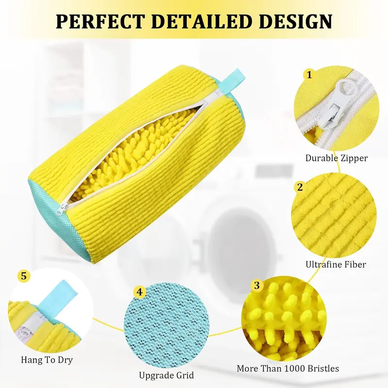 Premium Chenille Microfiber Shoe Washer Bag with 1200 Bristles Secure Safety Lock Design for All Kinds of Shoes Reusable Washing Machine Cleaning Bag for Home Laundry Room Accessory