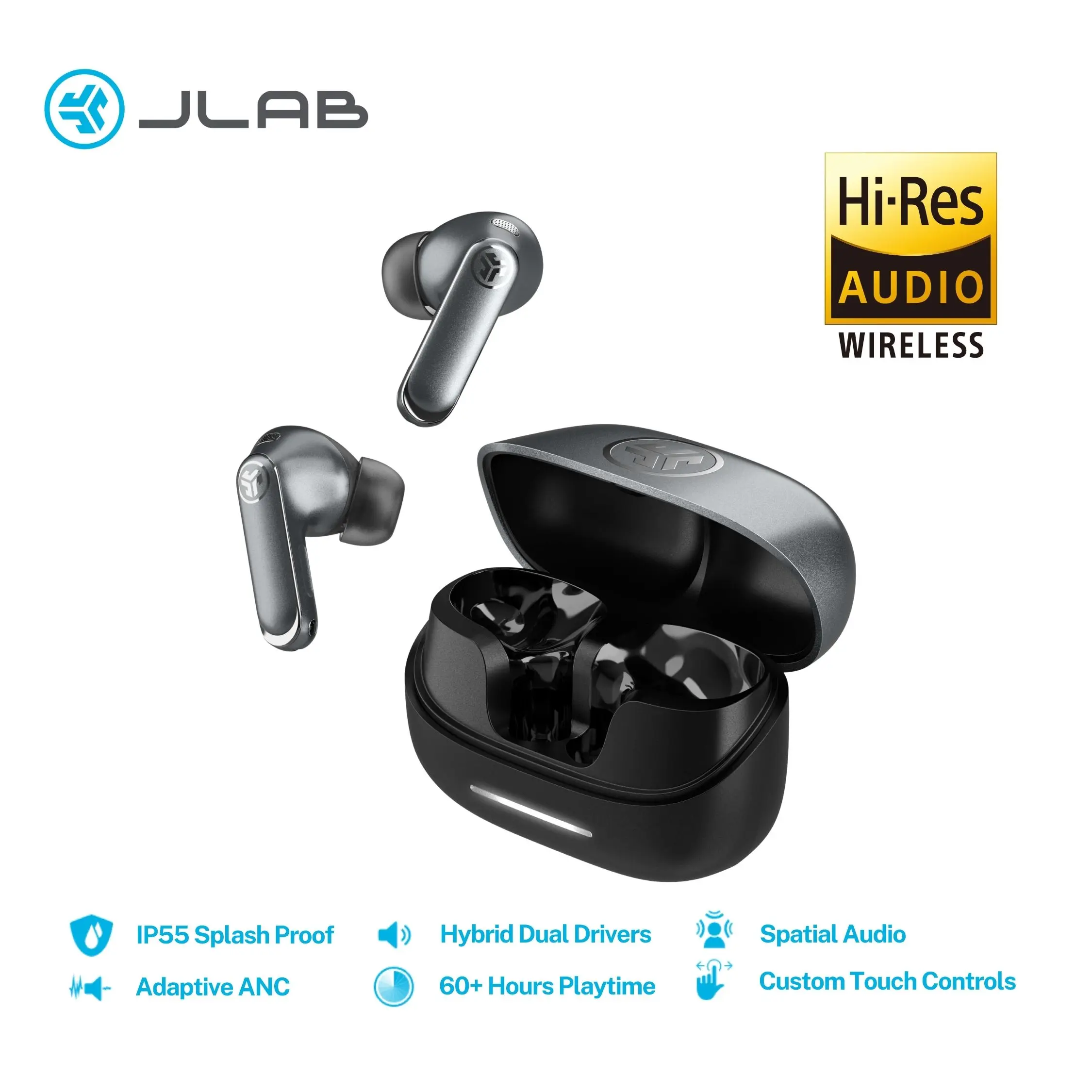 JLab Epic Pods ANC True Wireless Earbuds with Adaptive Noise Cancelling, Hi-Res Audio, IP55 Splashproof, 60+ Hr Playtime, Wireless Charging, Bluetooth 6.1, iOS & Android Compatible