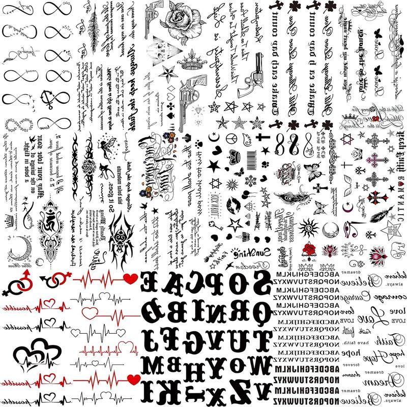 18 Sheets Black Inspired Quotes Temporary Tattoos For Women Kids Children Long Lasting Letter Alphabet Words Fake Tattoo Stickers Birds Cross ECG...