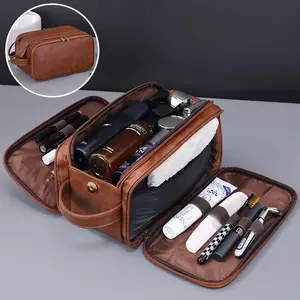 1 men's grooming bag with handle, hygiene organizer, travel kit, men's grooming organizer box, bathroom, shaving, cosmetics storage, travel essentials, leather waterproof makeup bag