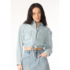 Serena Women's Long-Sleeve Cropped Denim Shirt, Bleached Down Blue - BL16021