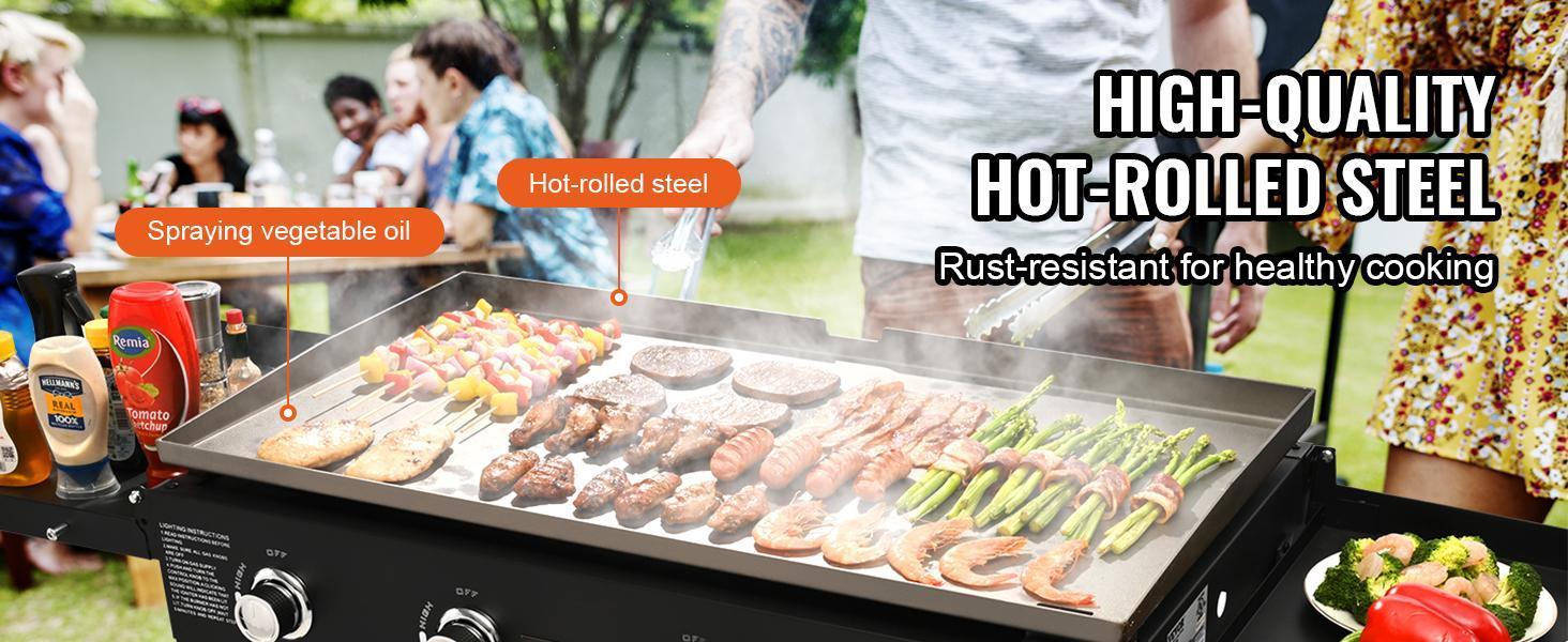 VEVOR Commercial Griddle on Cart, 22" Heavy Duty Manual Flat Top Griddle, Outdoor Cooking Station with Side Shelves, Steel LPG Gas Griddle, 4-Burners Restaurant Portable Grill - 60,000 BTU