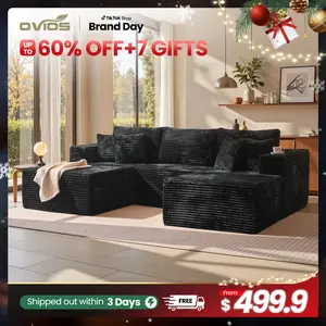【2 Package Shipping】Ovios 106" Cloud Sectional Boneless Couch with Chaise & Ottoman, L/U-Shape Plush Corduroy Velvet Modern Modular Sofa with Deep Seat, Upholstered Couches for Living Room Bedroom, No Assembly Required