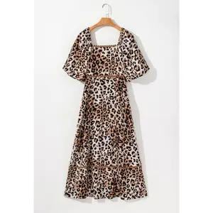 Leopard Print Bubble Sleeve Square Neck Maxi Dress