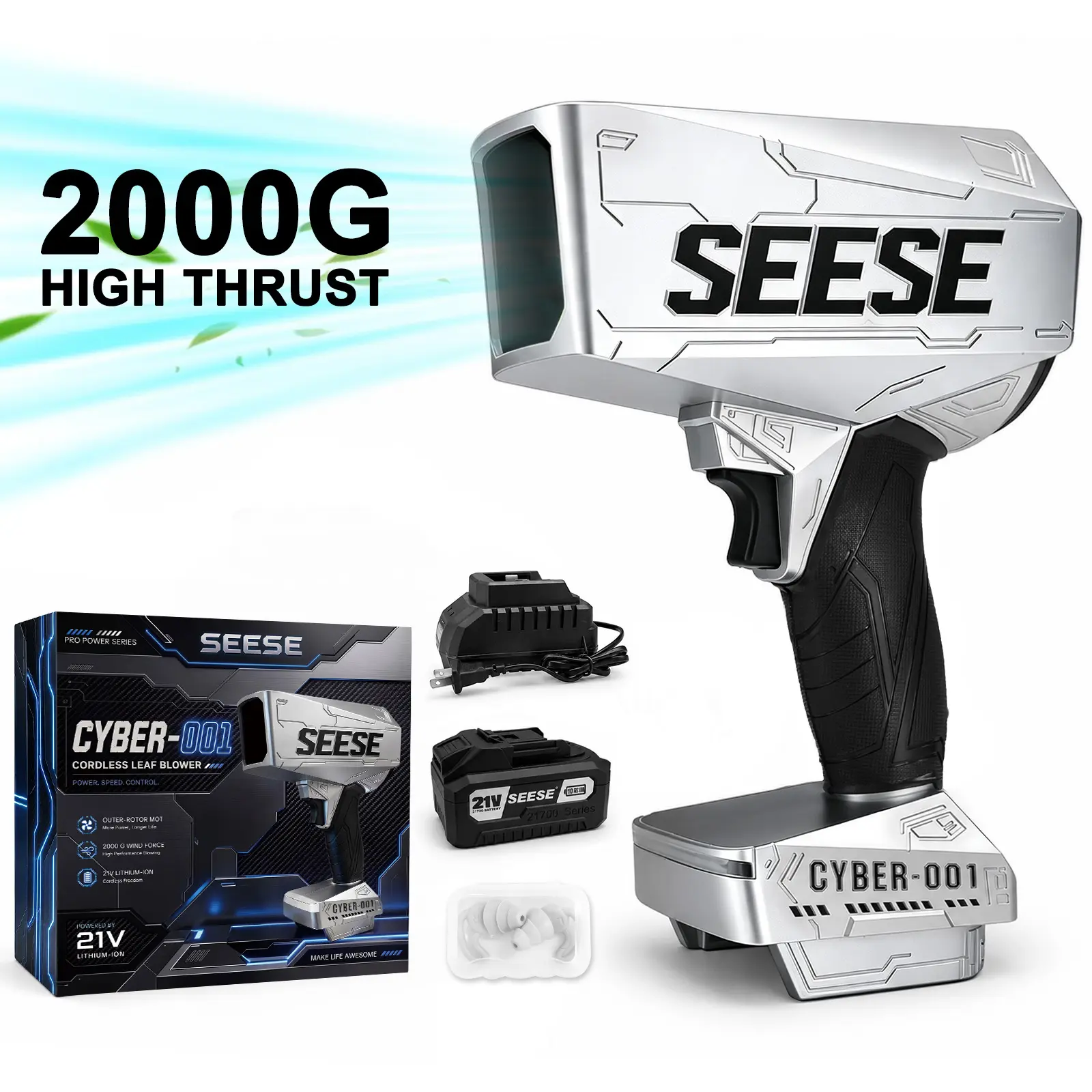 SEESE Cyber Turbo Leaf Blower 2000G, Cordless High-Power Jet Fan with Battery, Brushless Motor for Leaves, Garage Cleaning & Car Wash Drying， Garden Mainte Holiday Gift