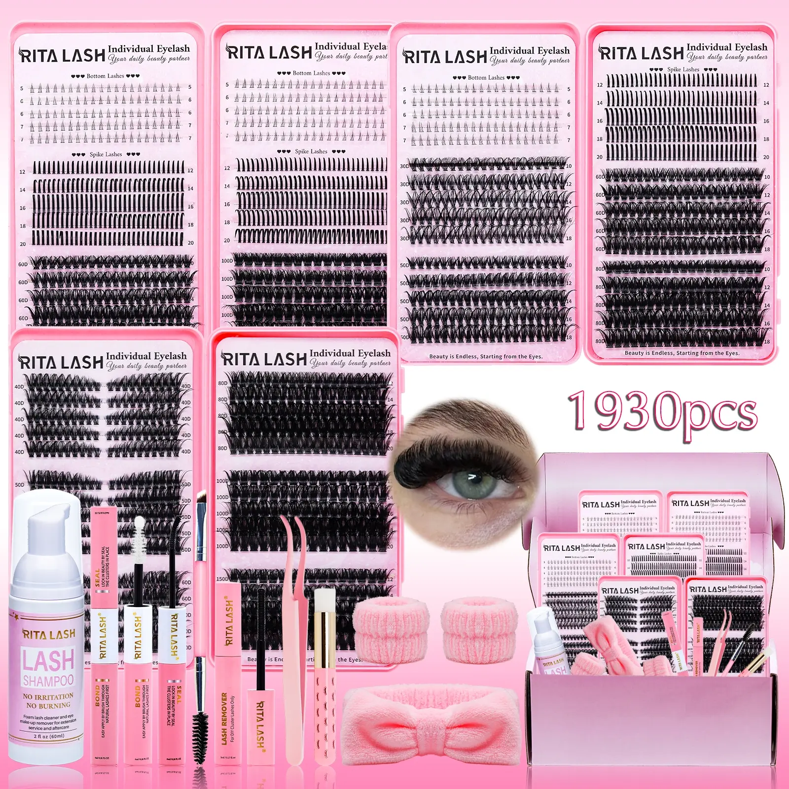 RITALASH 1930Pcs D Curl Eyelash Extensions, Cosmetic Eyelash Extension, Eyelash Extension Set 3 Trays Book Kit Bottom+Spike+60D+100D+30D+50D+150D Natural Eye Makeup Easy To Carry, Reusable, with Make Up Tools Bond&Seal, Remover, Headband