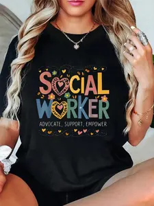 Women'S Social Worker T-Shirt |   Advocate Support and Empower, Social Work Month Print, Round Neck, Short Sleeve, Suitable for All Seasons, Spring and Summer Tops, Casual Style