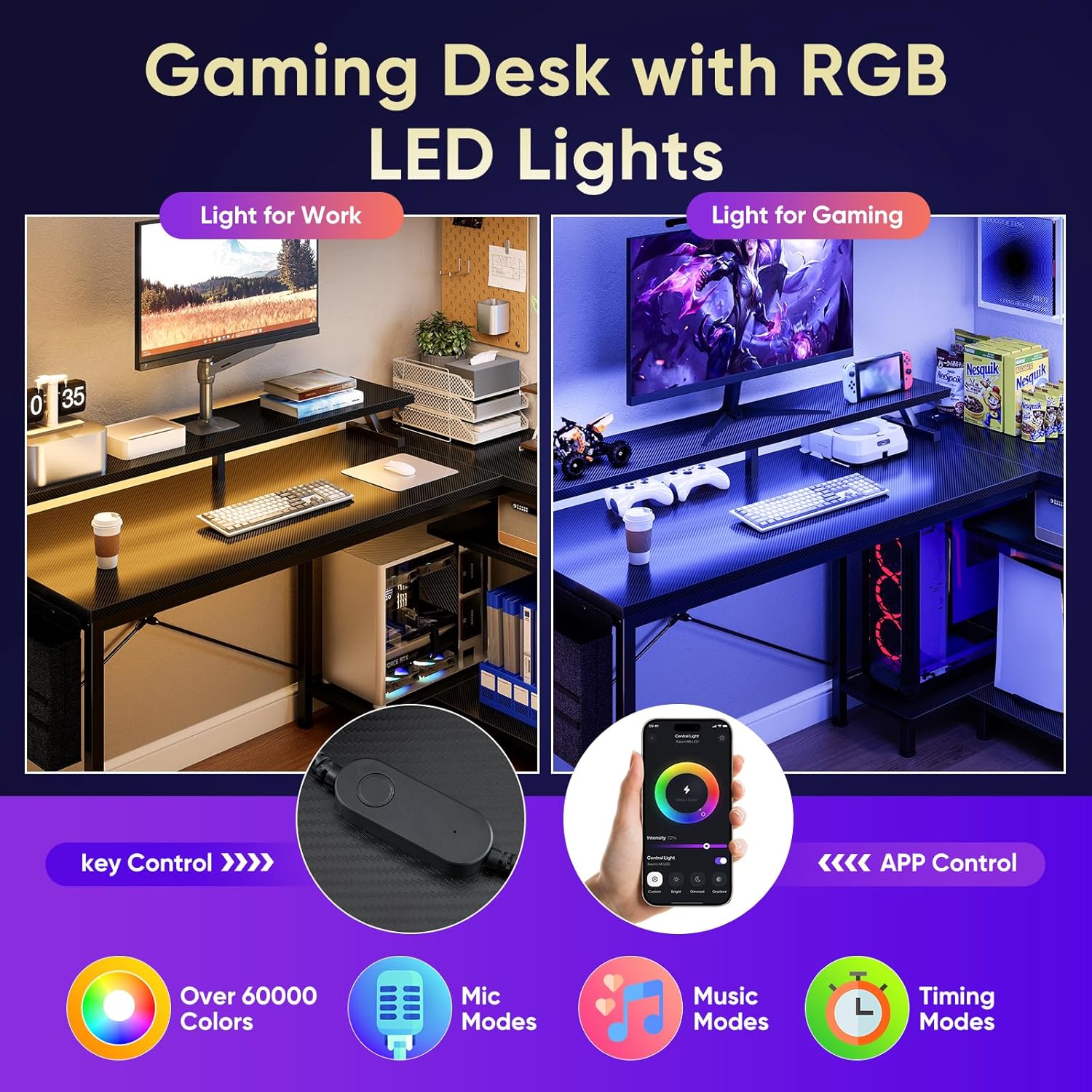 48" Reversible L-Shaped Gaming Desk with LED Lights, USB/Type-C Charging & Power Outlets, Computer Corner Desk with Storage Shelves & Monitor Stand for Gaming Room & Home Office 48" Reversible L-Shaped Gaming Desk with LED Lights, USB/Type-C Charging & Power Outlets, Computer Corner Desk with Storage Shelves & Monitor Stand for Gaming Room & Home Office