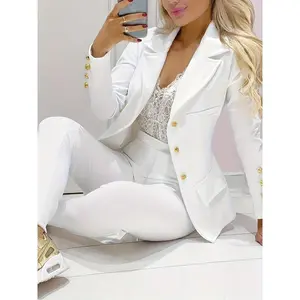 Business Casual Two-piece Set, Double-breasted Lapel Blazer & Slim Pants Outfits, Women's Clothing