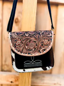 The Lee Tooled Boot Stitch Crossbody | Genuine Leather & Hair-On Cowhide Western Purse