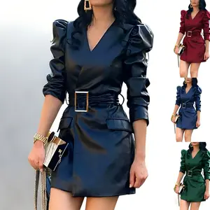 Women's Clothing: Deep V-neck, Puff Long Sleeves, Fashionable, Waist-Cinching, Faux Leather Dress