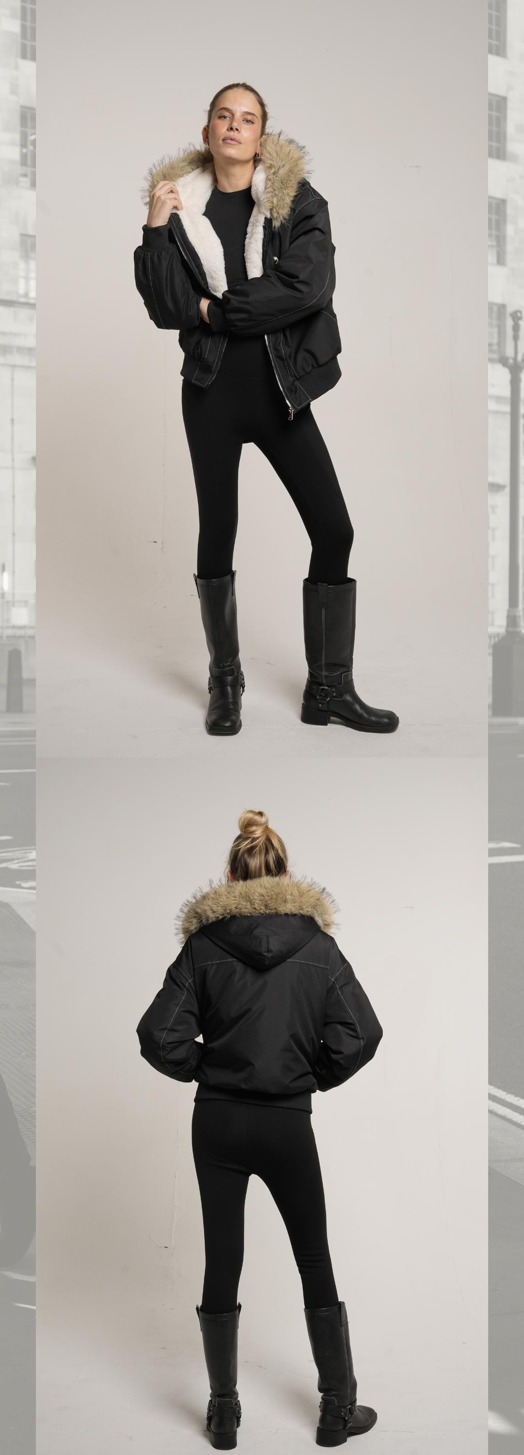 PUFFIT STM-TEX Faux Fur Lined Waterproof Bomber Jacket With Faux Fur Collar Hood,Elegant And Sophisticated,Enhances Warmth, Providing A Soft,Beautiful And Warm, Offering Both Style And Practicality,Y2K Style SpringStatements