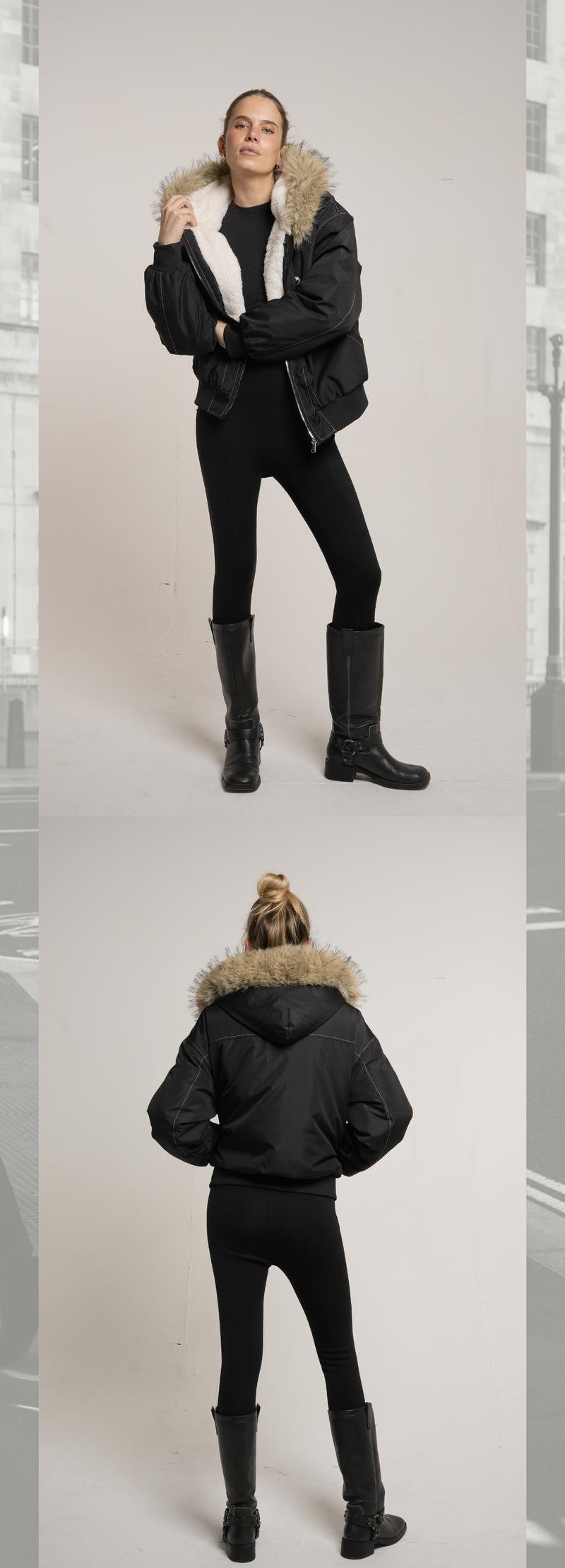 PUFFIT STM-TEX Faux Fur Lined Waterproof Bomber Jacket With Faux Fur Collar Hood,Elegant And Sophisticated,Enhances Warmth, Providing A Soft,Beautiful And Warm, Offering Both Style And Practicality,Y2K Style