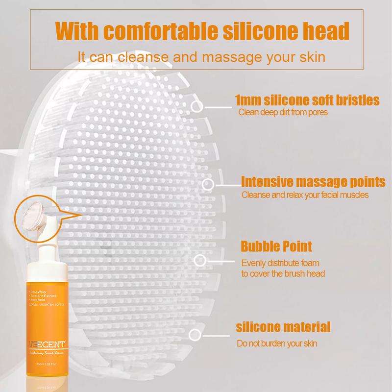 Veecent 150ml Turmeric + Kojic Acid Foaming Facial Cleanser + Silicone Brush Cleansing Skincare Set (Gentle Type) – Turmeric Face Wash (Facial Care Set) Coconut Soothing