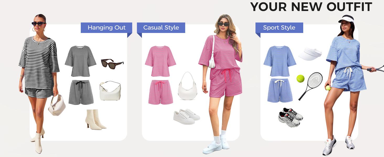 Fisoew Womens Striped Short Sets 2 Piece Outfits Sweatsuits 3/4 Sleeve Pajamas Casual Lounge Sets #TikTokShopHolidayHaul