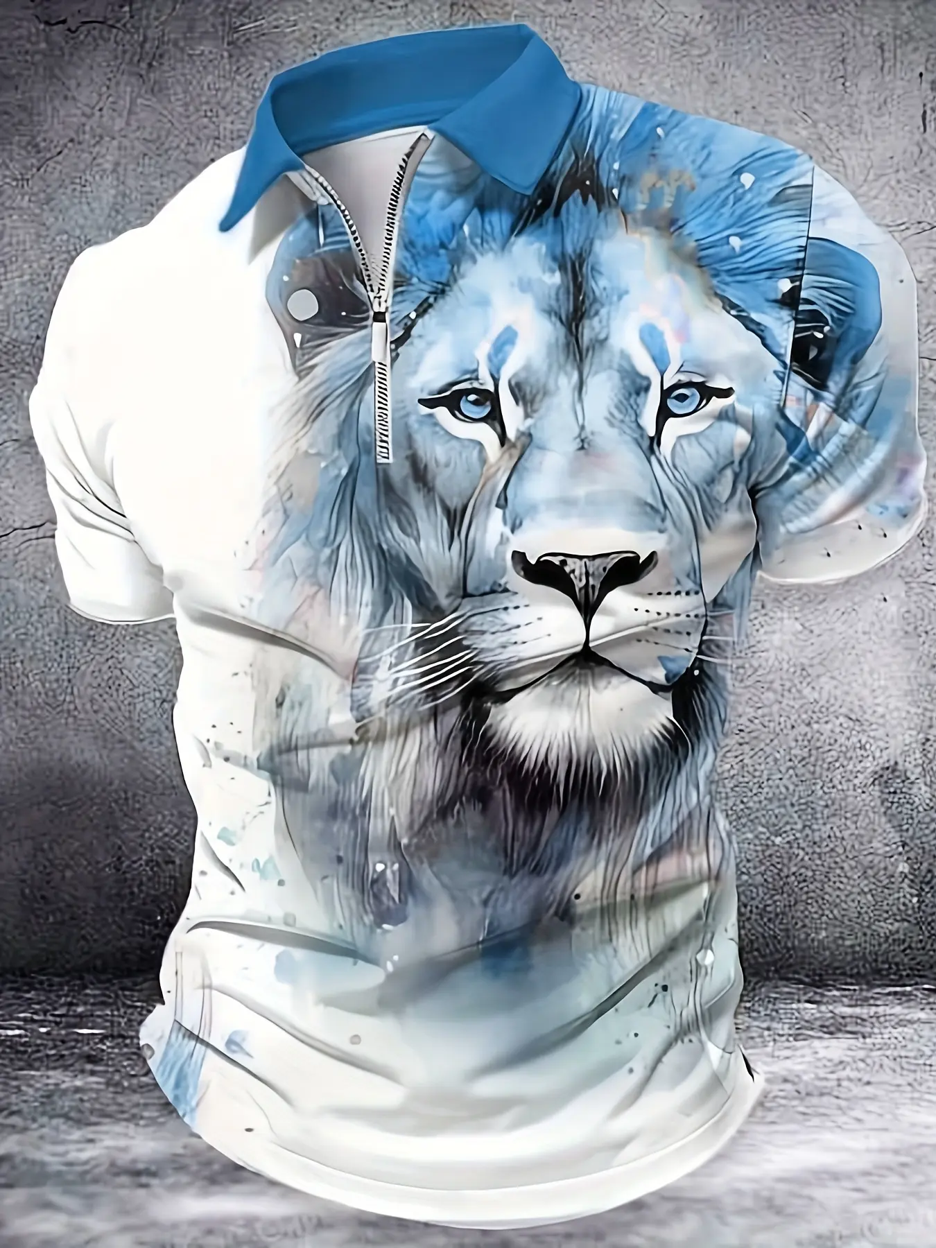 Men's Short Sleeve Zipper Polo Shirt with Lion Face Print - Casual Street Style, Lightweight Polyester, Zip Detail, Machine Washable for Summer