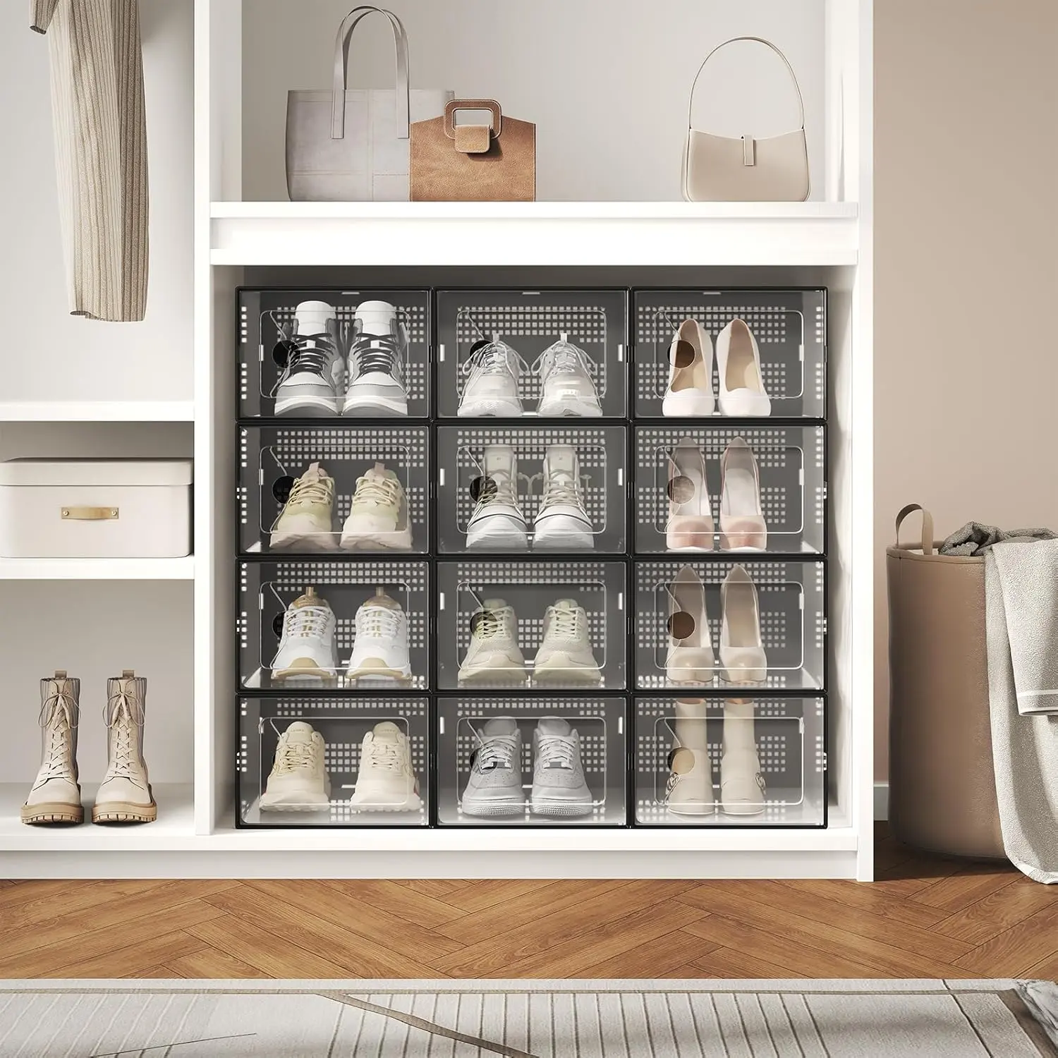 Sweetcrispy 12-Pack High-Grade PE Plastic Configurable Shoe Storage Boxes - Stackable, High-Capacity Closet Organizers with Lids, Easy-Clean Plastic Surface, Breathable Airflow Keeps Fresh, Great for Entryway Shoe Sorting, Wedges, Flip-Flops