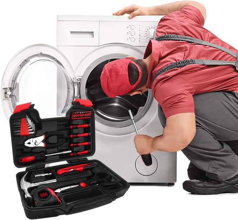 39-Piece Red Household Tool Kit, All-in-One Basic Home Repair & DIY Tool Set with Portable Plastic Toolbox, Essential Tools for College Students, Renters & Homeowners