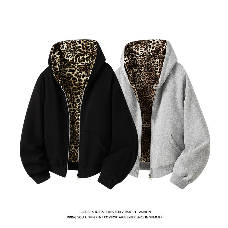 Men's loose casual trendy leopard print hoodie - comfortable breathable street style jacket; features ribbed cuffs and a zippered front closure, making it perfect for everyday commutes, weekend outings, and various other occasions. One of the essential ve