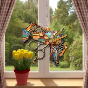 Hair Stylist Tools Window Hanging Ornament – Scissors Comb Hair Dryer Acrylic Sun Catcher Salon Decor Gift