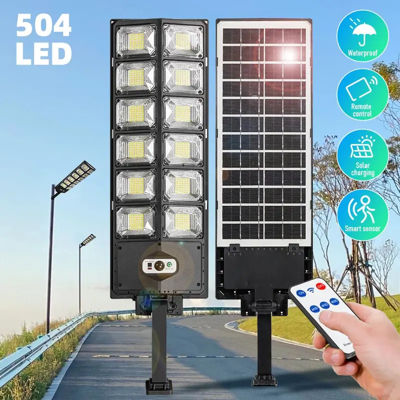 LED Solar Street Lights Outdoor Waterproof, 6500K 10000LM 504 LEDs Solar Parking Lot Lights Dusk to Dawn, Commercial Solar Flood Light Wide Angle Motion Sensor and Remote Control for Area Lighting Yard