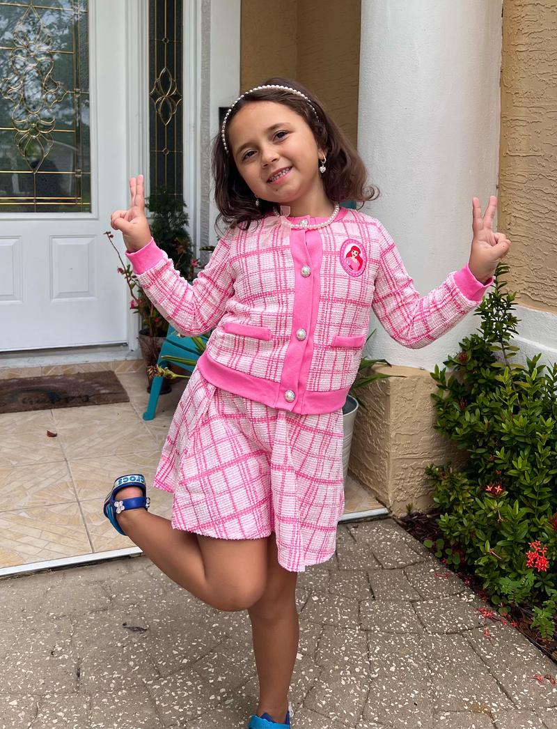 Disney Frozen Elsa Stitch Princess Moana Minnie Toddler Girl 2 Piece Outfit Pearl Button Knit Top & Tweed Skirt Set 2-6Y