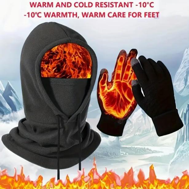 4-piece winter thermal insulation set, windproof and cold proof knitted balaclava hat+gloves+socks set, winter cycling set, thick fleece-lined polar fleece  windproof face mask，Windproof and thermal mask
