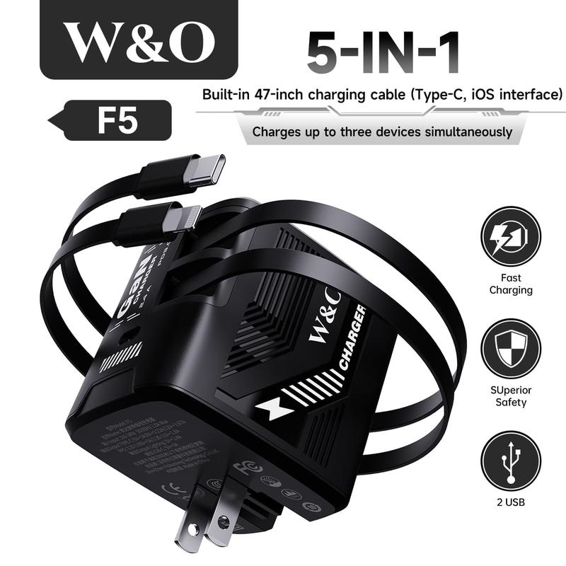 W&O 4-in-1 Portable GaN Fast Charger  Compatible with 120W Fast Chargeing with Retractable Cable USB-C & Lightning Usb Connector iphone 16 plus cases smart watch iphone 15 pro max earbuds portable charger chargers android phones power bank power bank