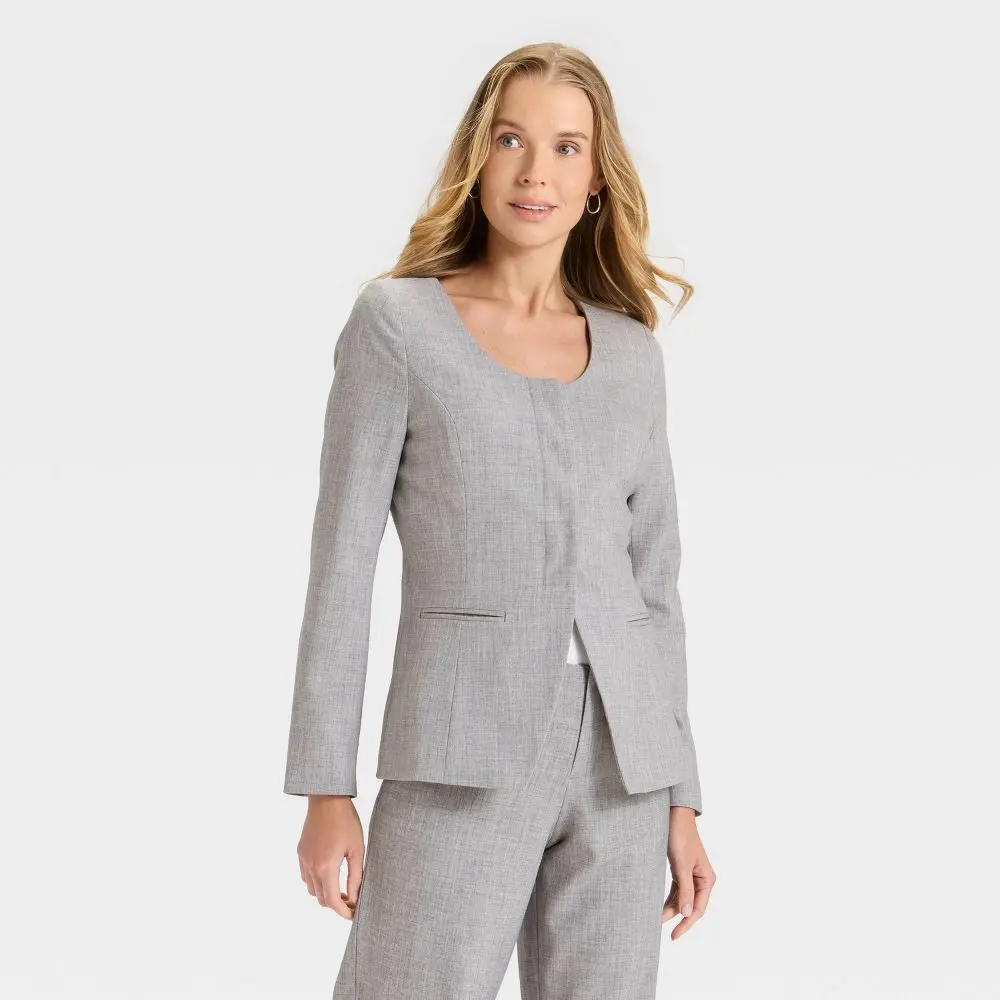 Women's Collarless Minimalist Blazer - A New Day, Polyester-Spandex Fabric, Belt-Included Design, Pocket