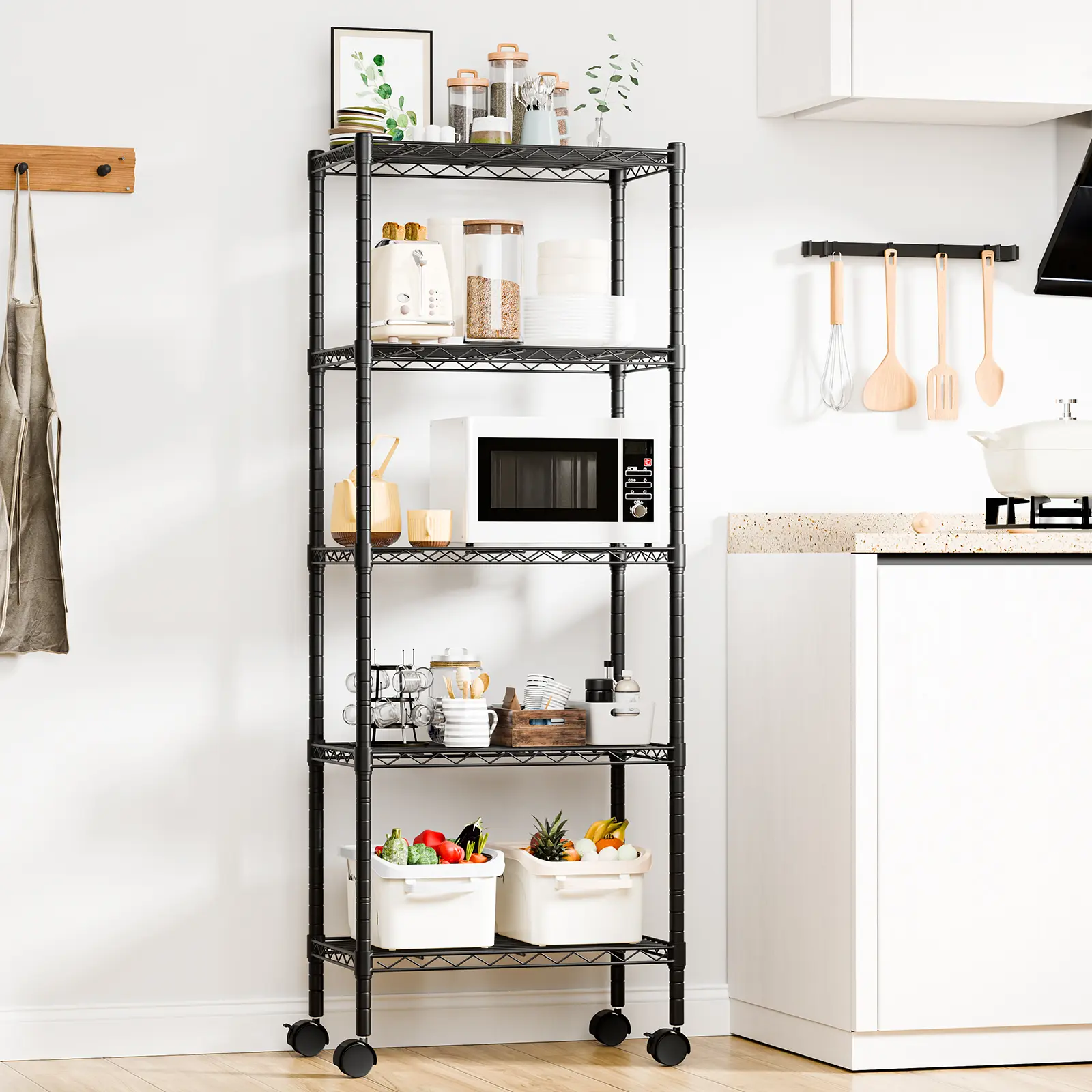 Sweetcrispy Store Durable Metal Steel Frame Rectangle Wire Shelf Unit (3-Layer/4-Tier/5-Tier) with Removable Casters, No-Tools Easy Assembly Rack for Garage Organization, Bathroom & Kitchen Storage, High Load Capacity