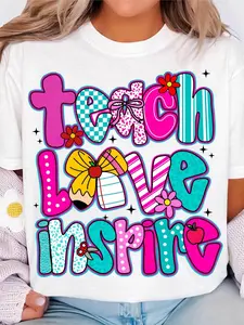 Women's Teacher T-Shirt - Teach Love Inspire Graphic Tee - Soft Breathable Cotton Shirt - Teacher Apparel with Pink, - Educator Gift for Women - Lightweight Everyday Outfit - Teacher Appreciation Present - Staff Clothing - All-Season Comfort Fit, Playful