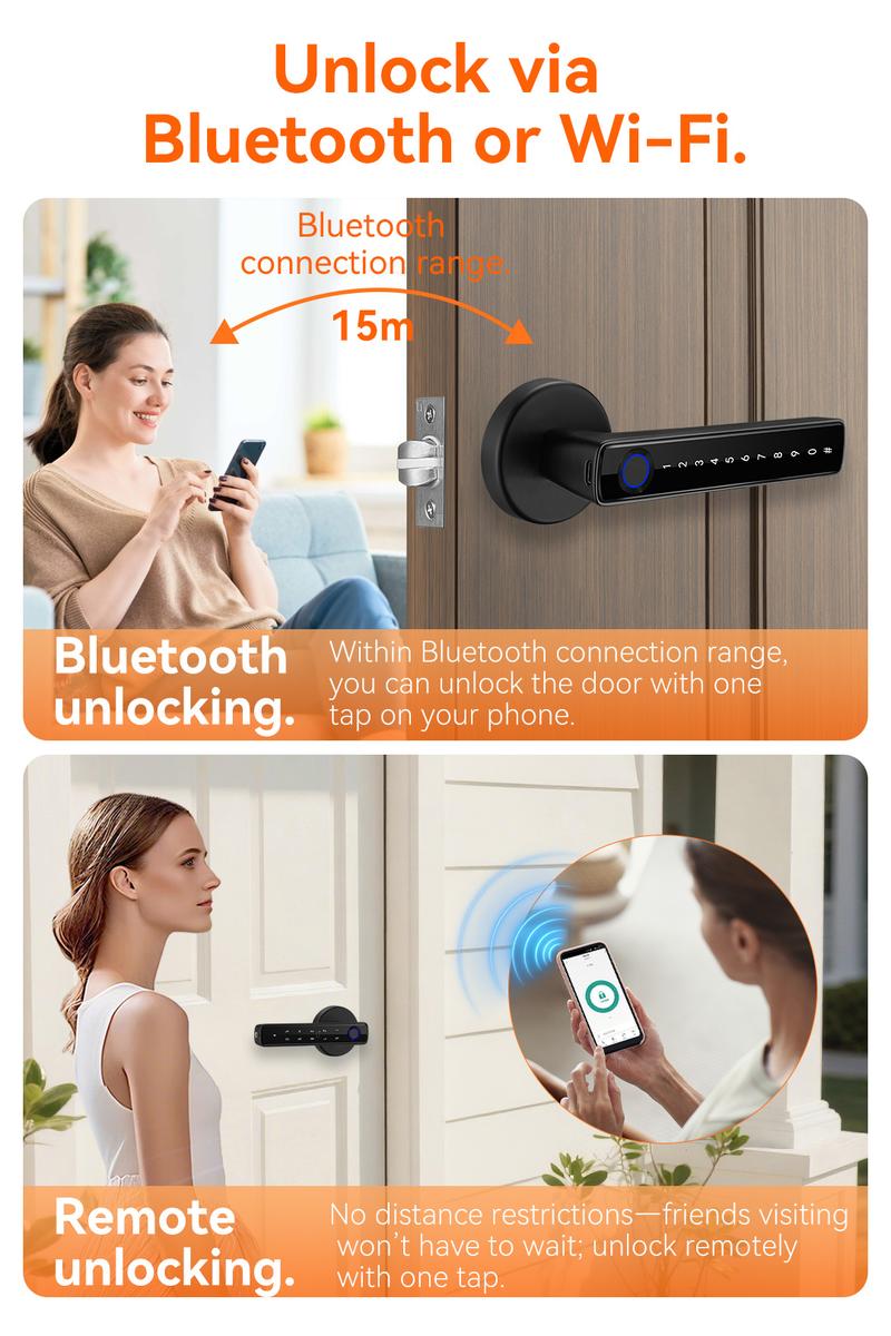 Smart Fingerprint Door Lock with Handle Keyless Entry 4-in-1 Card APP Backup Key Bedroom Home Privacy Apartment Local Data Storage
