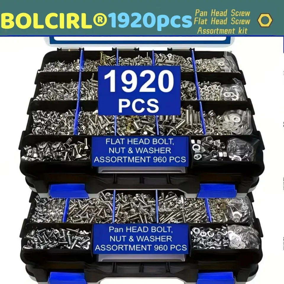 1920 Pcs Stainless Steel Cross Head Screws Kit with Bolts, Nuts, Washers, Double-Sided Box, Large Assortment for Multiple Surfaces