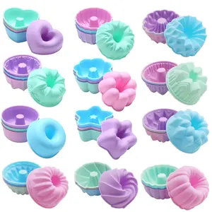 48 Pack Donut Mold, 3" Diameter Mini Reusable Baking Cups, Non-Stick, 12 Shape Silicone Molds, Heat Resistant Bakeware for Bagel, Muffin, Jello and Cake Baking