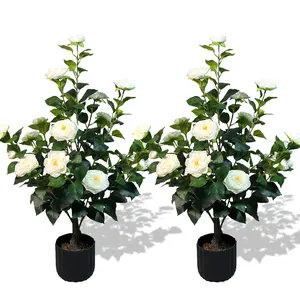 2 Pcs 3ft Artificial Camellia Trees with 24 Realistic Flowers 188 Leaves Decorative Pebbles and Planter for Indoor Home Office Outdoor Courtyard Decor