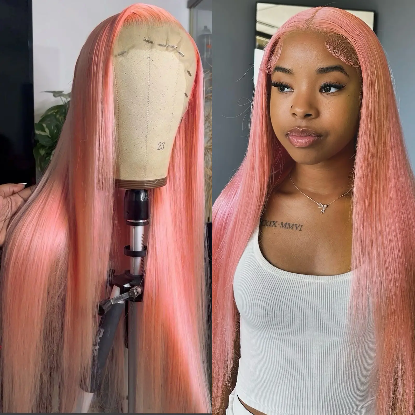 Women's 13X4 Peach Pink Lace Straight Wig - 28-in Heat-Resistant Synthetic Wig, Pre-Plucked Natural Hairline, No Glue Go Glueless Frontal Hair Replacement, No Glue Wig