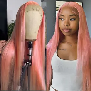13X4 Peach Pink Color Straight Lace Front Wigs for Women Long Hair Replacement Lace Frontal Wig Pre Plucked Hairline Glueless Heat Synthetic Wigs for Women 28 Inch