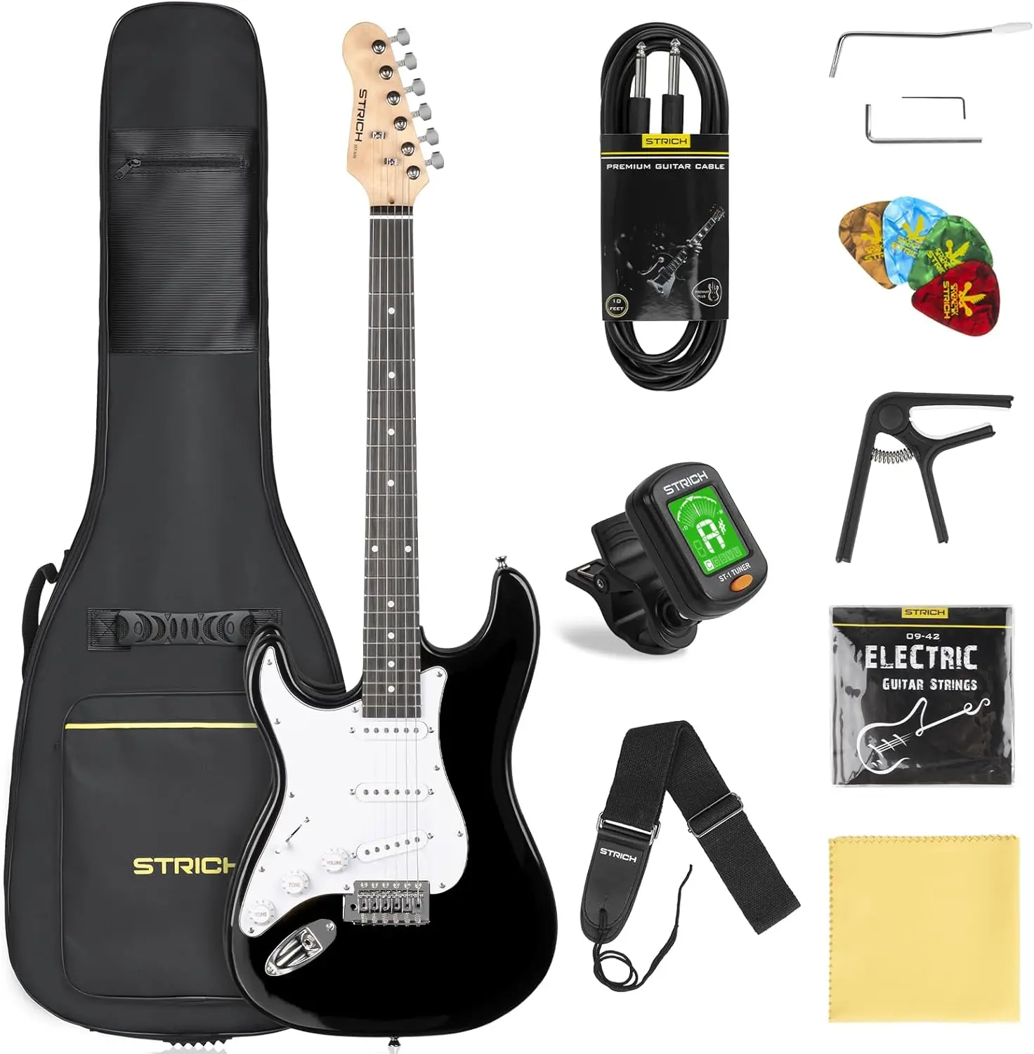 STRICH Left-Handed 39" Solid Body Electric Guitar Beginner Kit with SSS Pickups, 5W x 2 Amplifiers, Bag, Tuner, Capo, Strap, Strings, Guitar Cables, Picks, SST-S10L Black