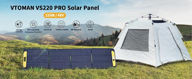 VTOMAN VS220 Pro Portable Solar Panel 220W 48V, 23% Efficiency Foldable Solar Panel w/ IP67 Waterproof & MC-4 Anderson XT60 DC5521 Adapters & Adjustable Kickstands, Off-Grid Power for Home & Camping