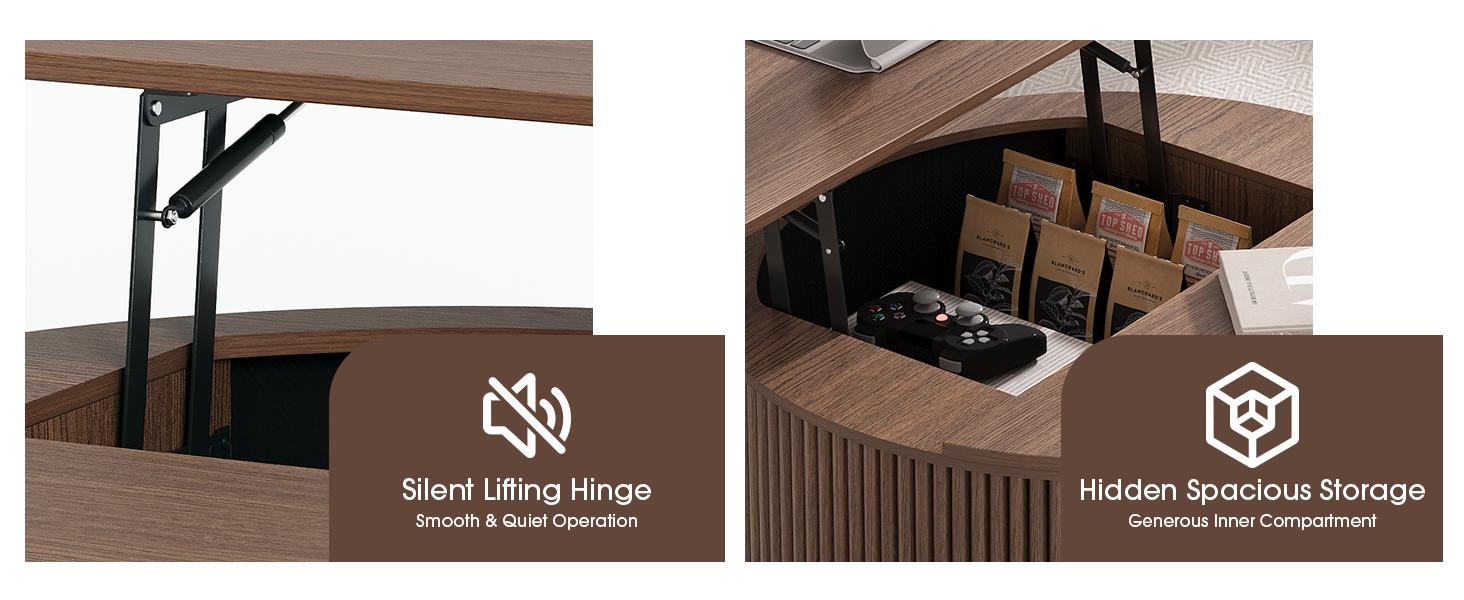 31.5" Round Lift Top Coffee Table, Mid Century Modern Walnut Center Table with Hidden Storage, Fluted Drum Wood Table for Small Living Room Apartment