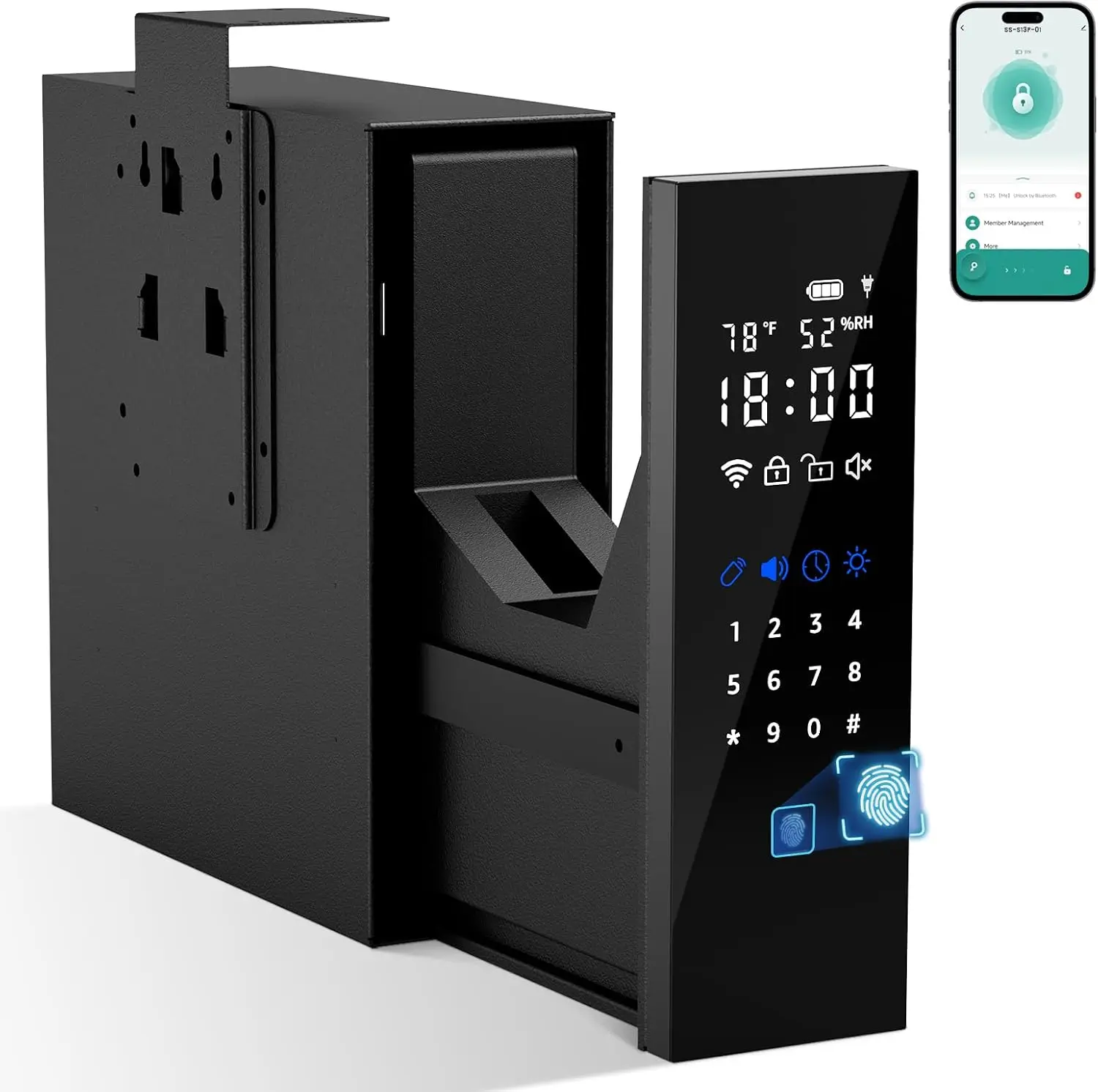 Biometric Gun Safe for Nightstand, Desk, Bedside Mounted, Auto Open Pistol Safe, Drawer Handgun Safe with Internal LED light, Silent mode, Quick Access Gun Lock Box with Fingerprint, PIN Code, Key Keypad
