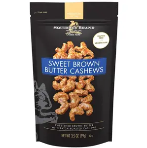 Squirrel Brand Sweet Brown Butter Cashews, 3.5 Ounces Resealable Bag, Gluten Free, Vegetarian